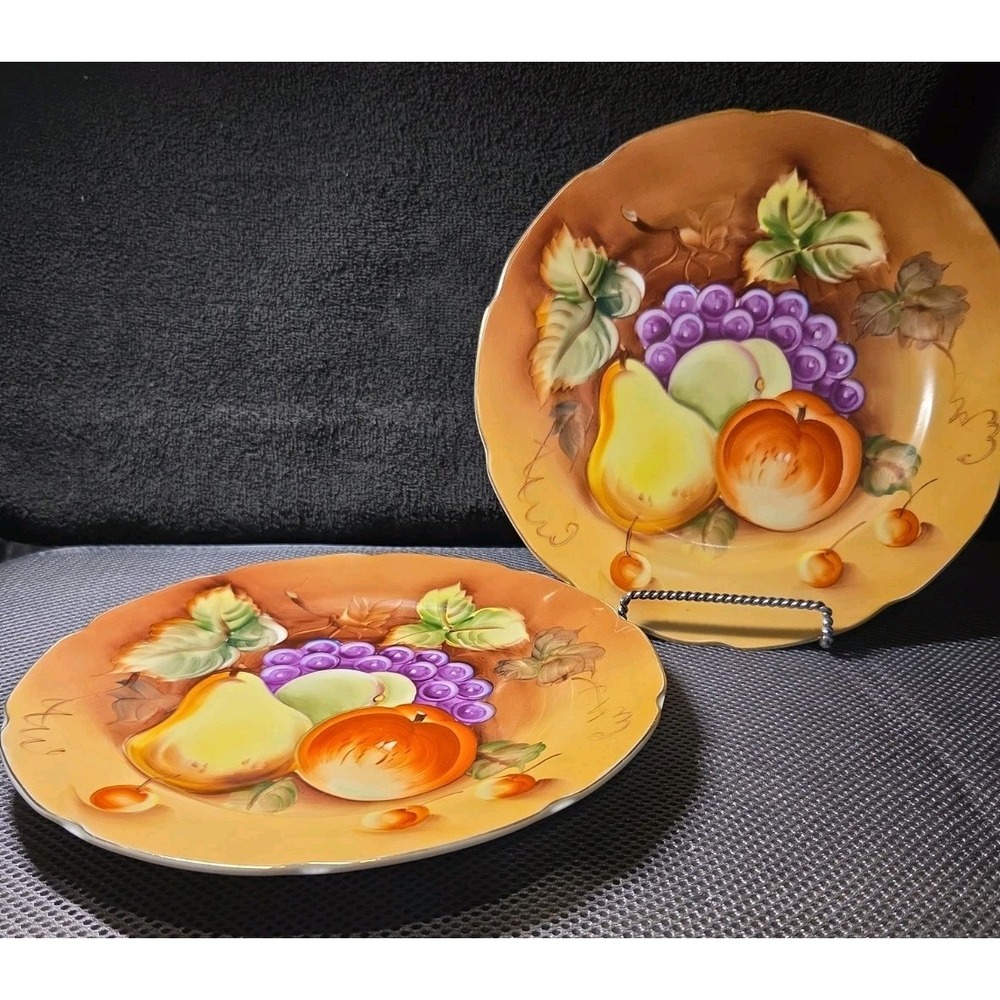 "Heritage Brown" (Fruit) pattern by Lefton China, 9 In Dinner Plate Set Of 2